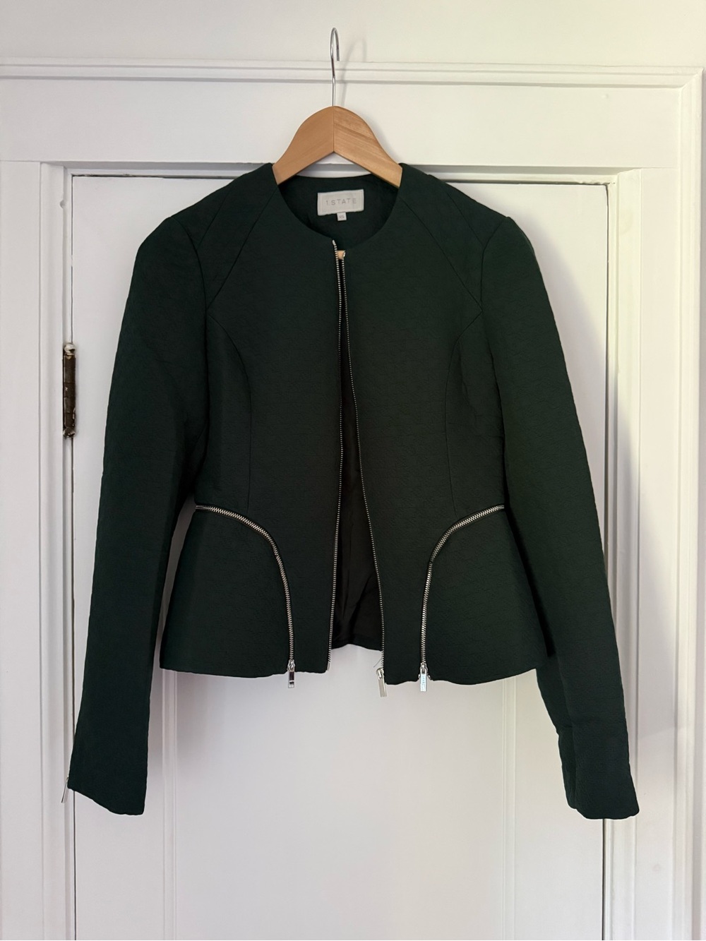 STATE Dark Green Collarless Zip Peplum Jacket